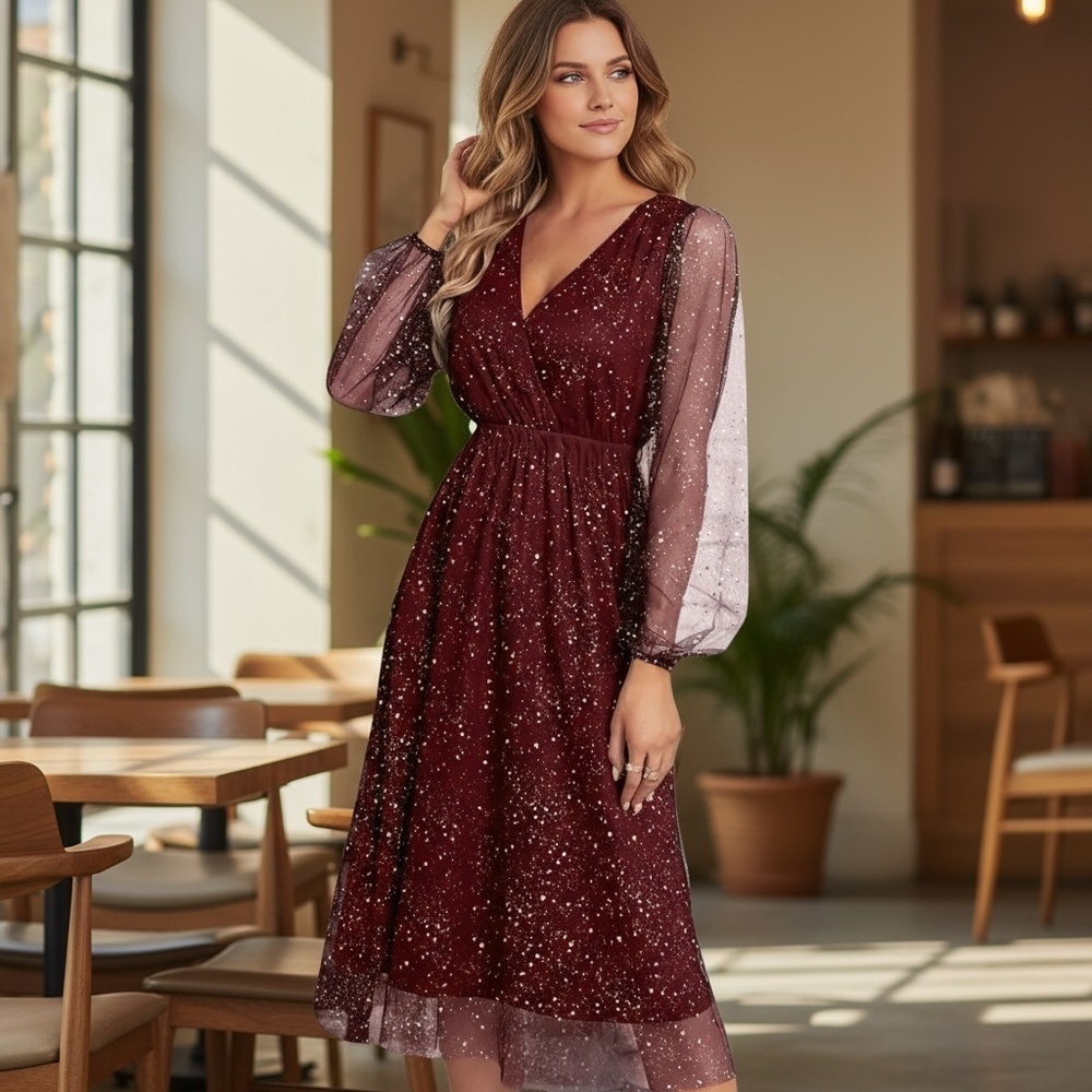 Women’s Shiny Mesh Lantern Sleeve Dress - Picture 3 of 13